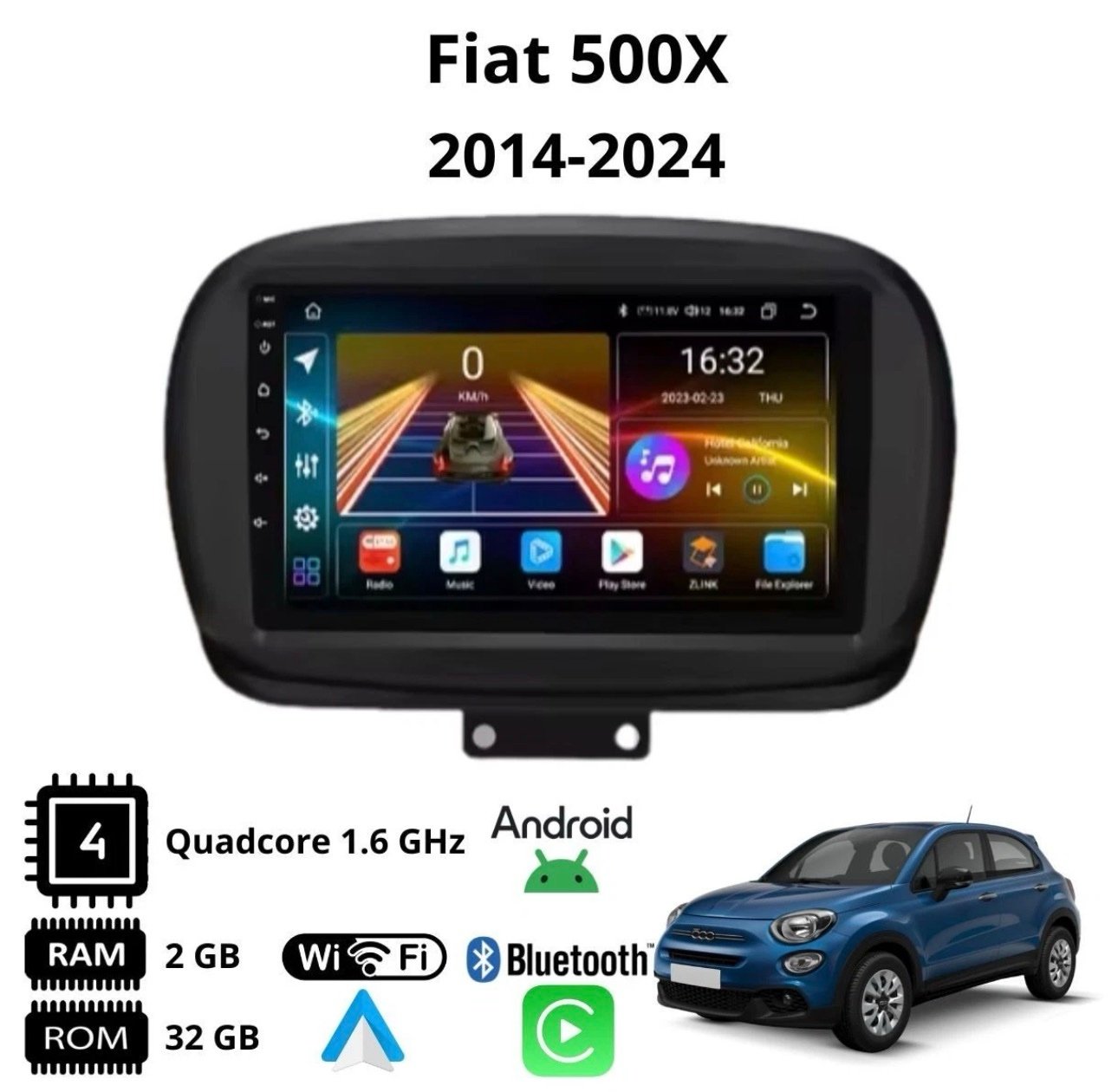 Autoradio Android 9" CarPlay Wireless Android Auto GPS per Fiat 500X 2014–2023 Octa-core 4GB di RAM e 64 di ROM - immagine 2